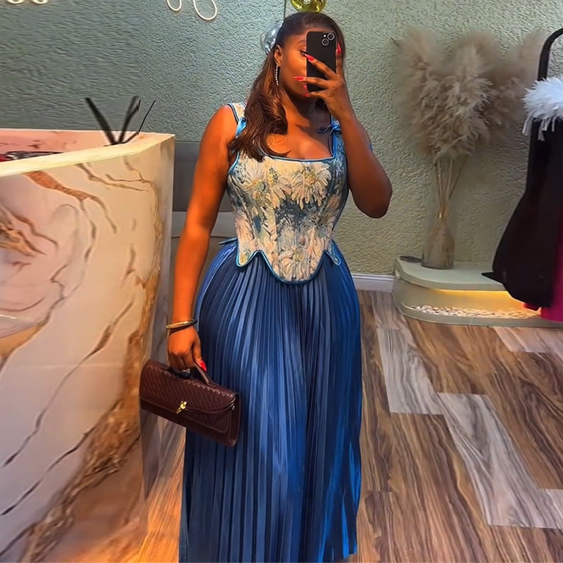 Printed Waist Vest High Waist Pleated Skirt Two-piece Set 69A917