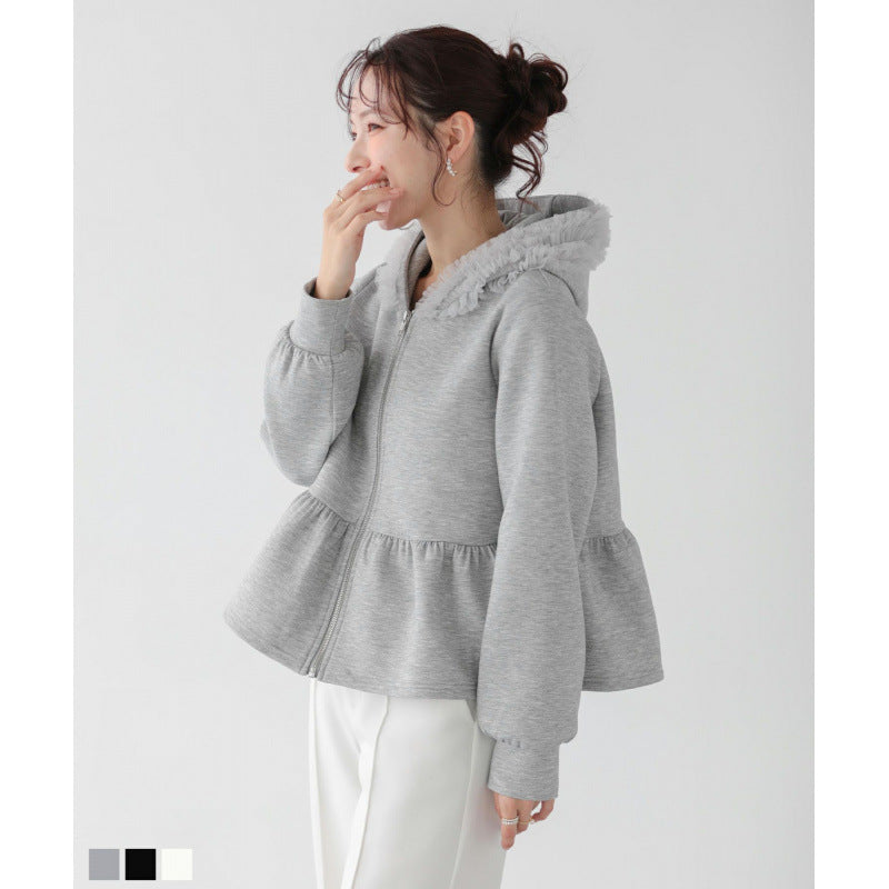 Ruffle Edge Mesh Stitching Hooded Sweater SA635