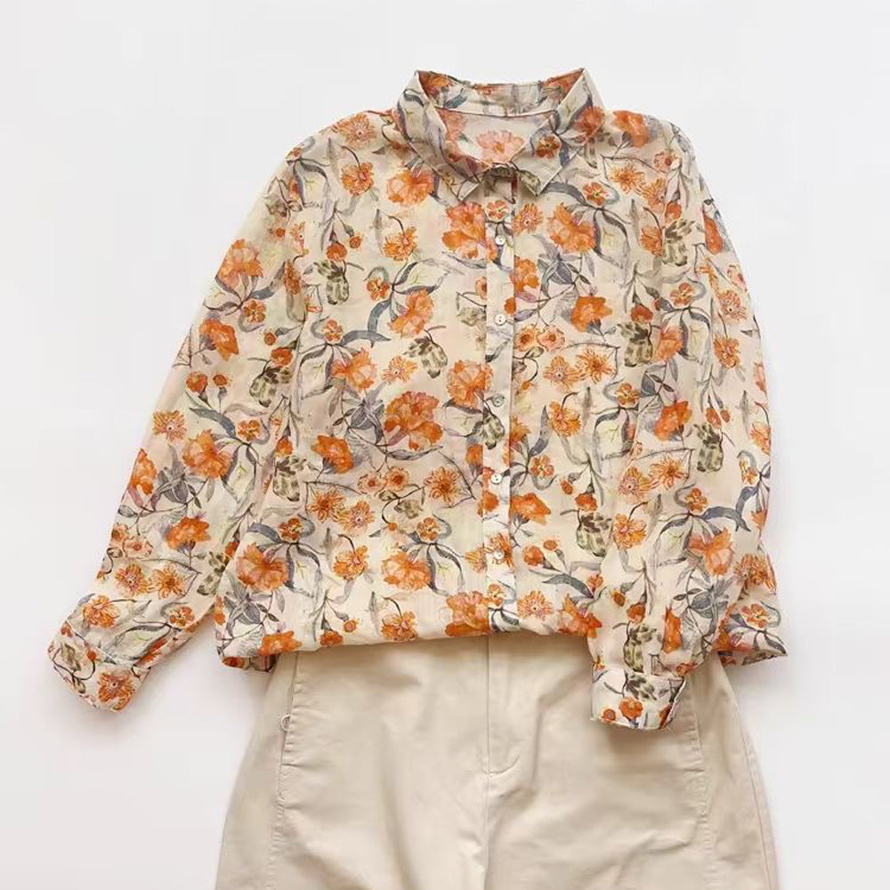 Ramie Printed Shirt Long Sleeve Women