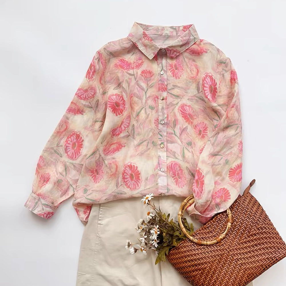 Ramie Printed Shirt Long Sleeve Women