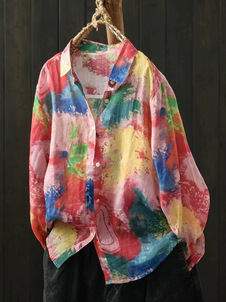 Ramie Printed Shirt Long Sleeve Women