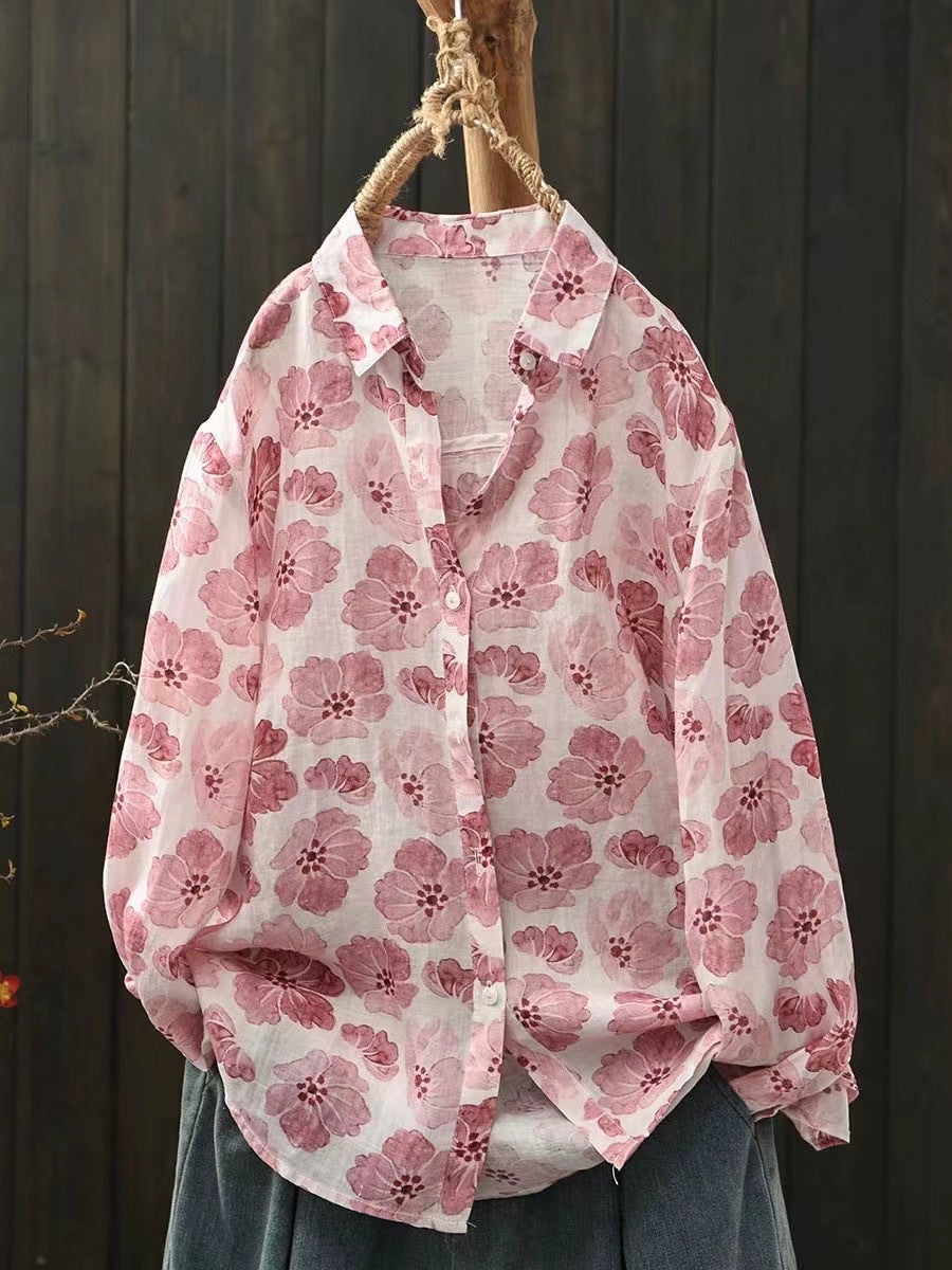 Ramie Printed Shirt Long Sleeve Women