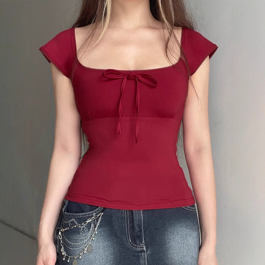 Square Neck Lace-Up Short Sleeve T-Shirt SA352