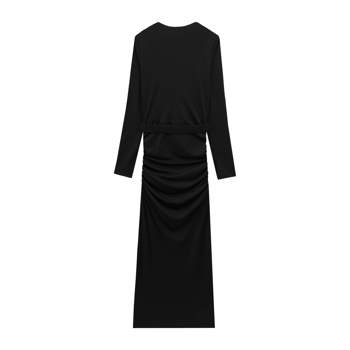 Belt Long Sleeve Deep V-Neck Dress SA421