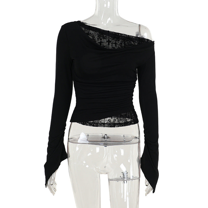 Slant Shoulder Flocked Splicing Long-sleeved Top Women SA442