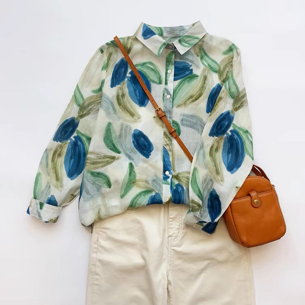 Ramie Printed Shirt Long Sleeve Women