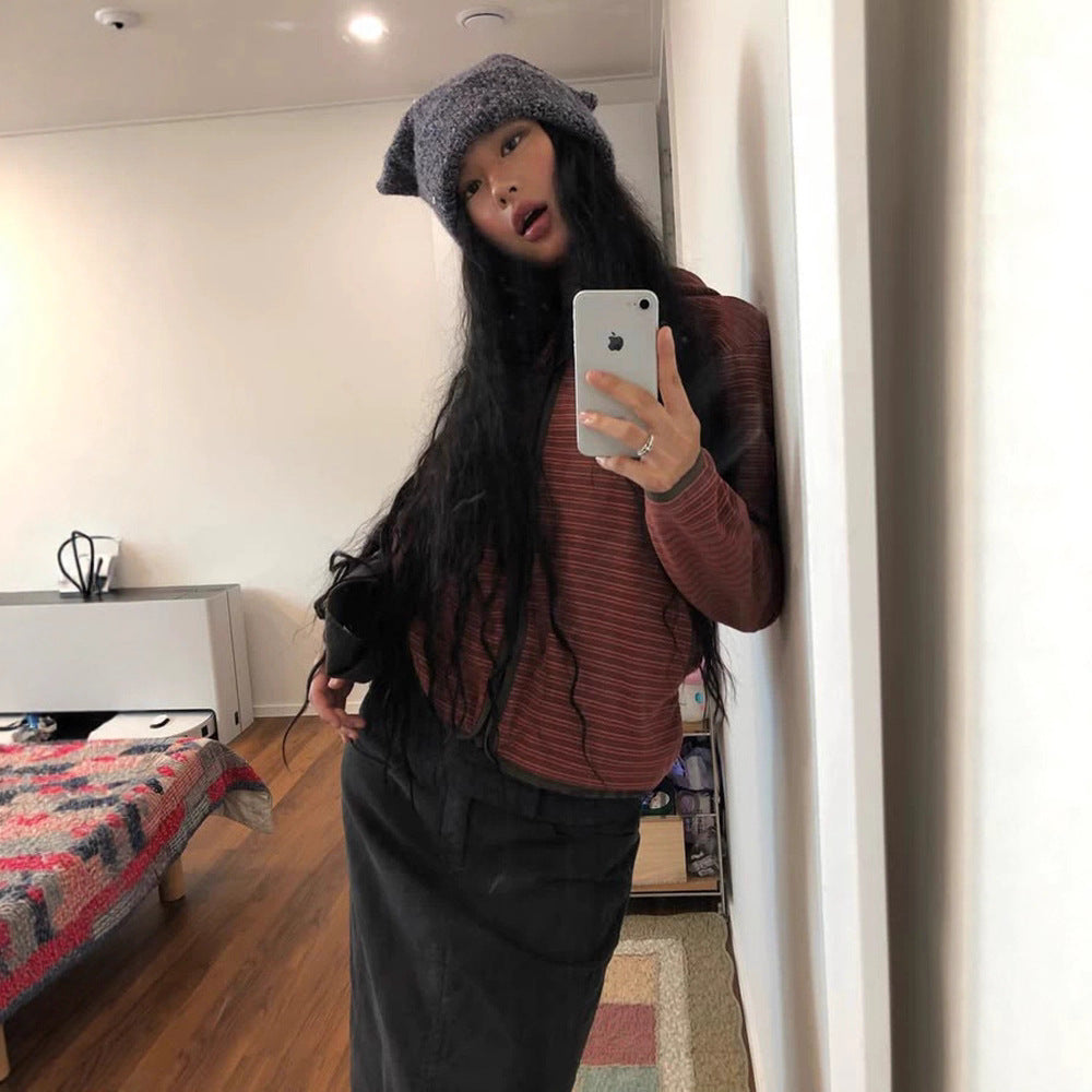 Milled Striped Hooded Sweater Jacket Women 73C092