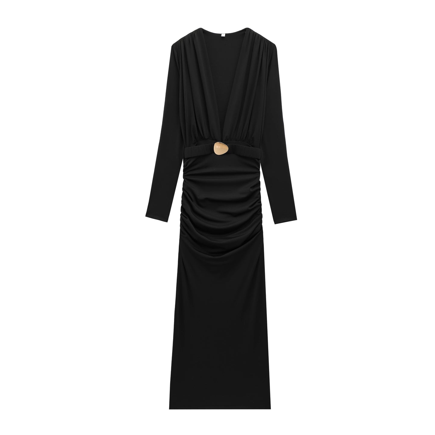 Belt Long Sleeve Deep V-Neck Dress SA421