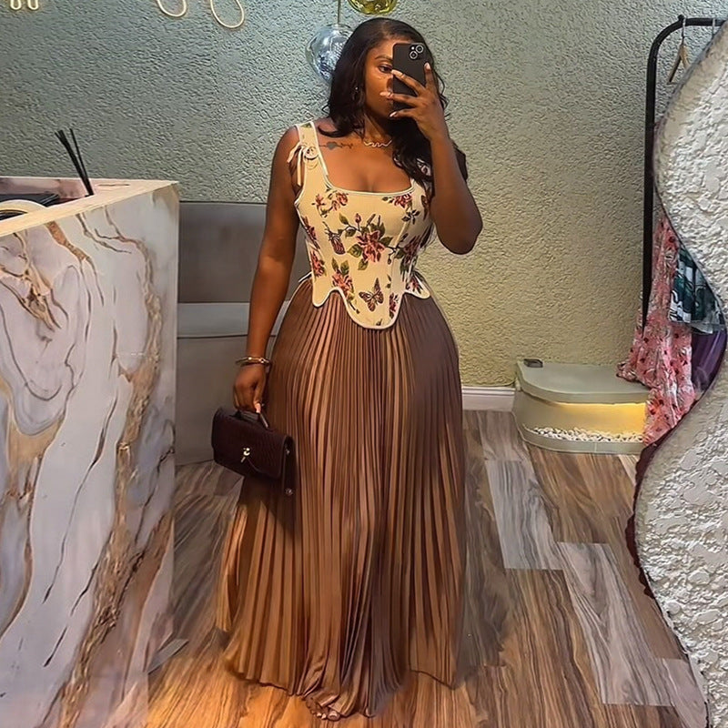 Printed Waist Vest High Waist Pleated Skirt Two-piece Set 69A917