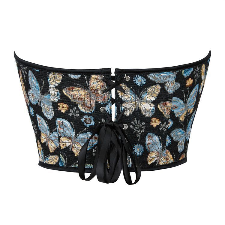 Blue Butterfly Corset Tube Top Gathering Court Fishbone Body Sculpting Sexy Top 69A631
