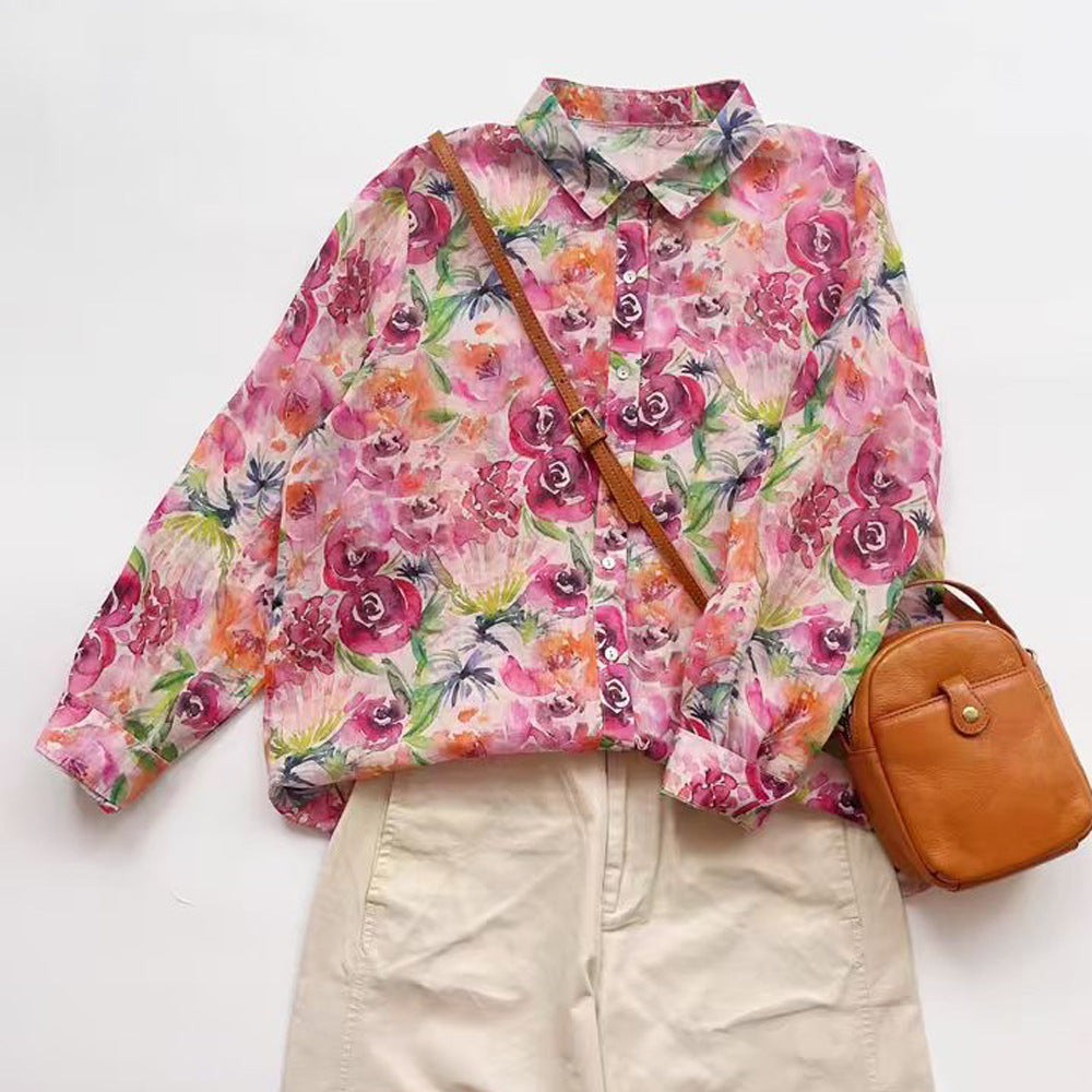 Ramie Printed Shirt Long Sleeve Women