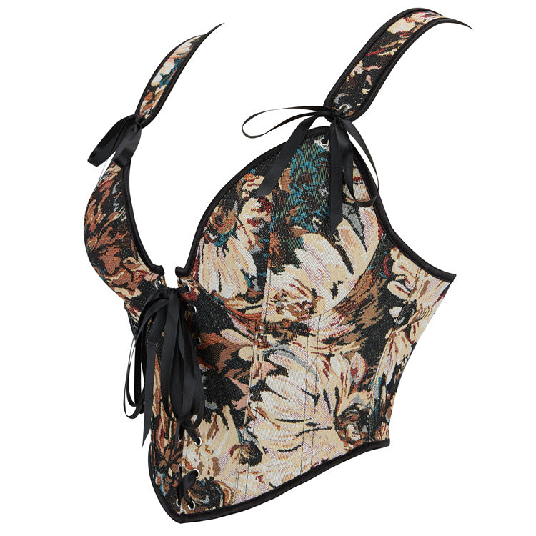 Oil Painting Style Body Sculpting Fish Bone Suspender Top 69A704