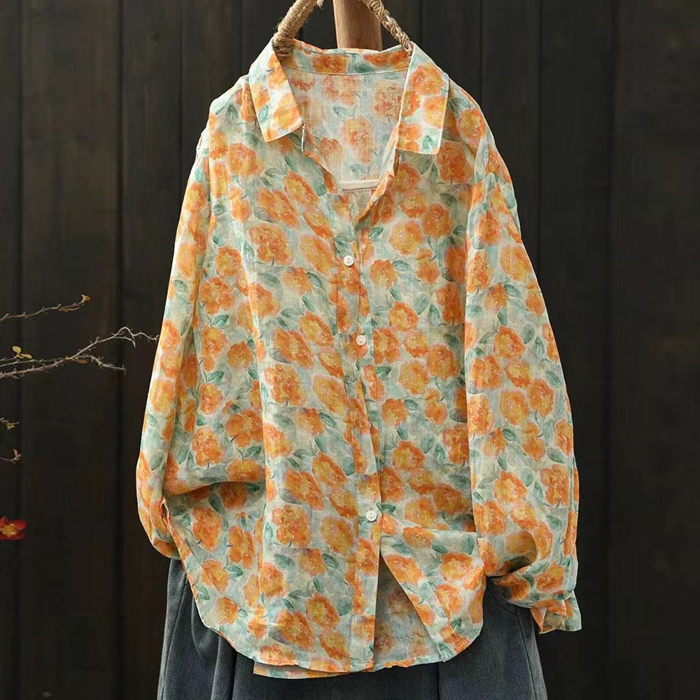 Ramie Printed Shirt Long Sleeve Women