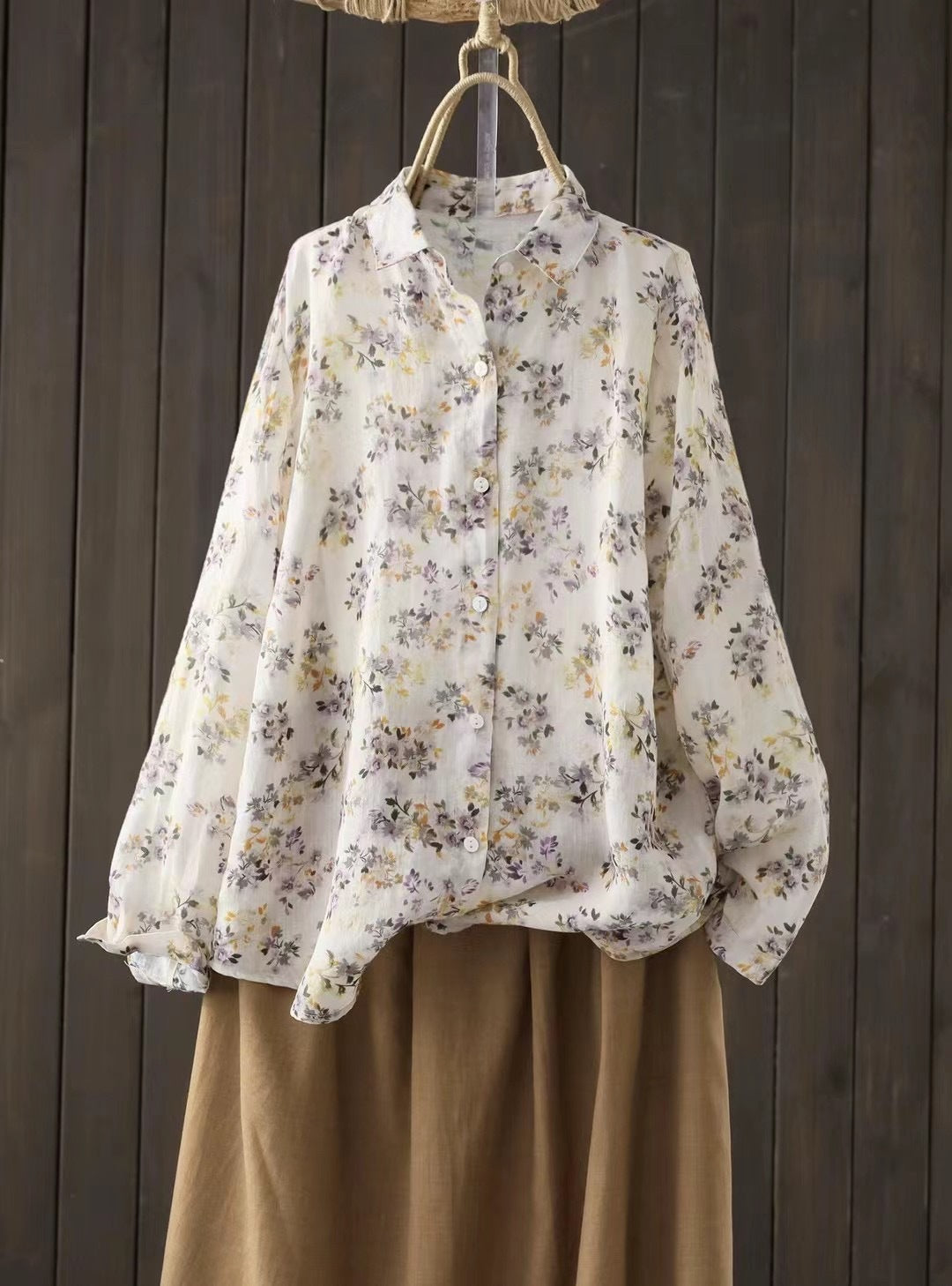 Ramie Printed Shirt Long Sleeve Women