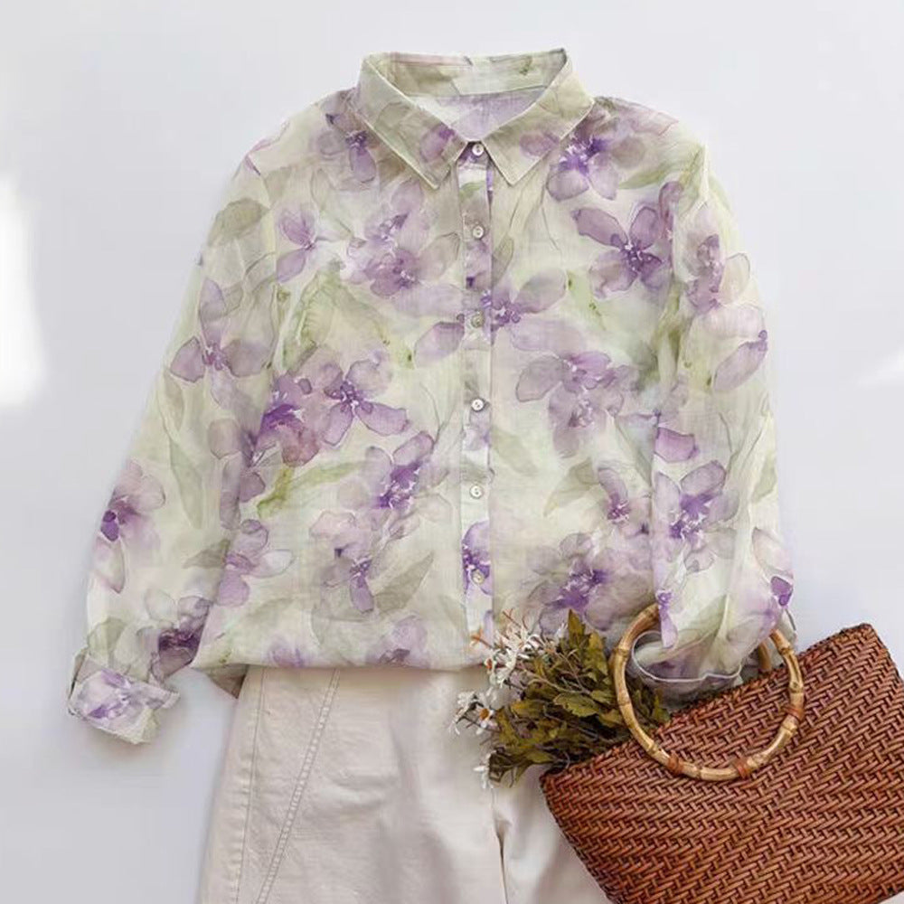 Ramie Printed Shirt Long Sleeve Women