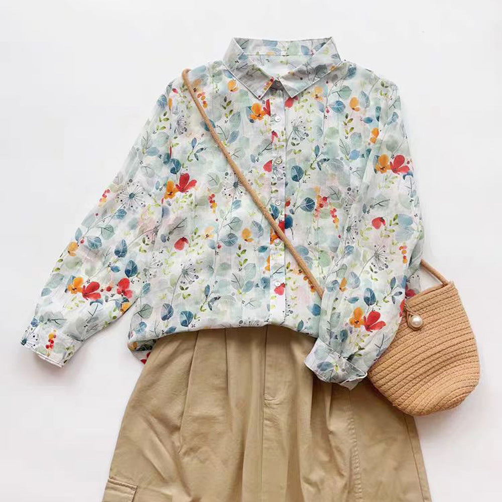 Ramie Printed Shirt Long Sleeve Women