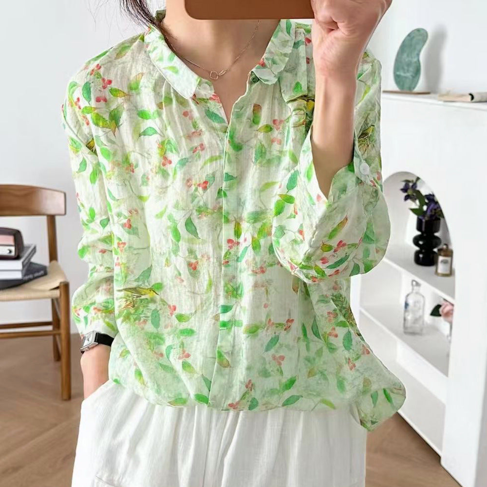 Ramie Printed Shirt Long Sleeve Women