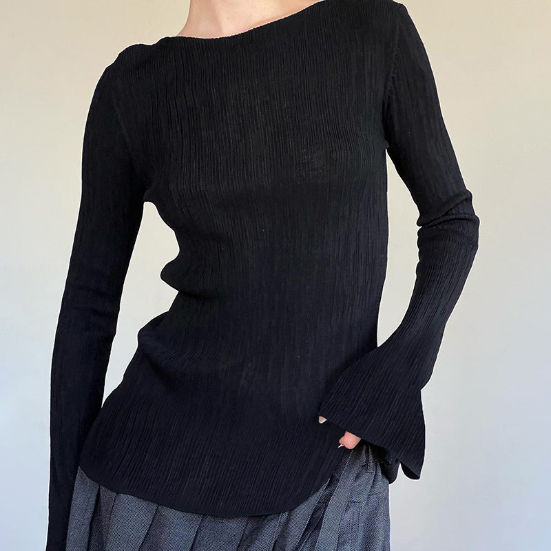 Solid Color Textured Knitted T-Shirt Women SA414