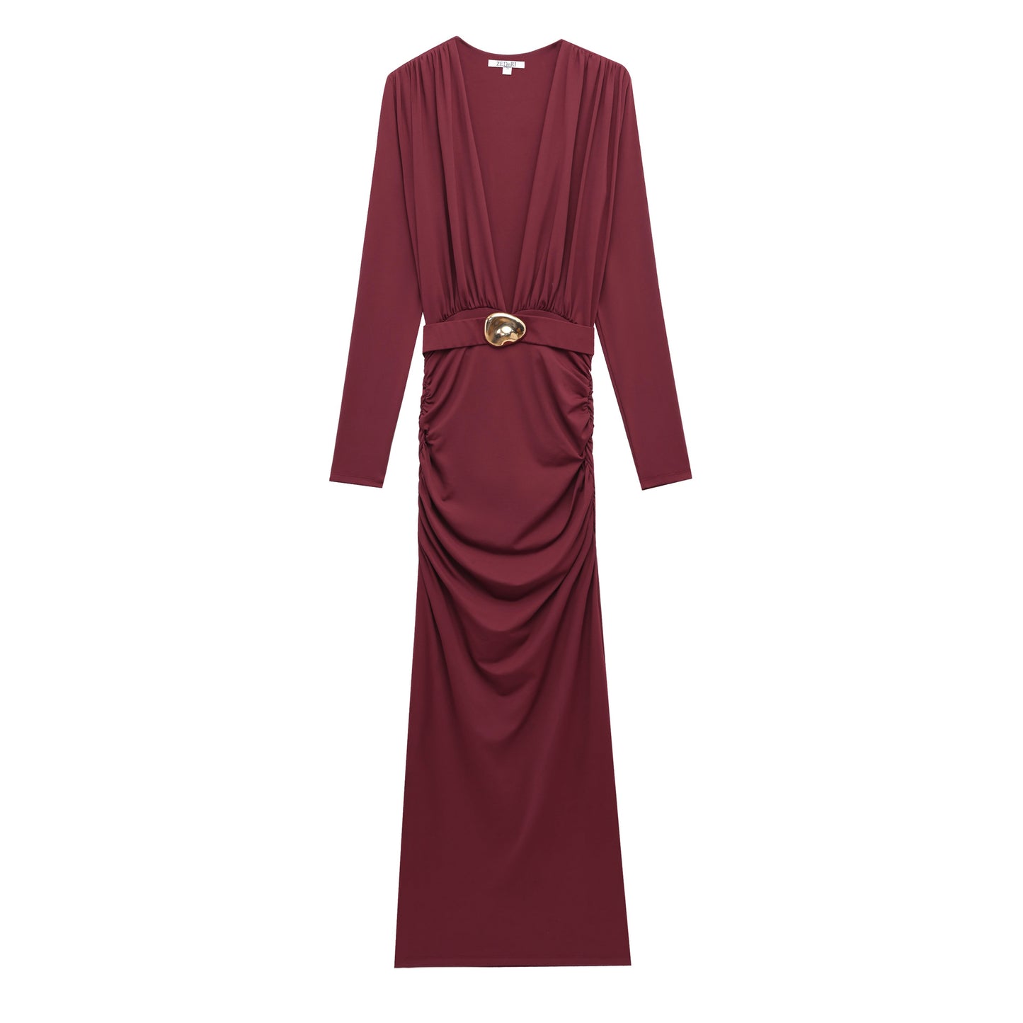Belt Long Sleeve Deep V-Neck Dress SA421