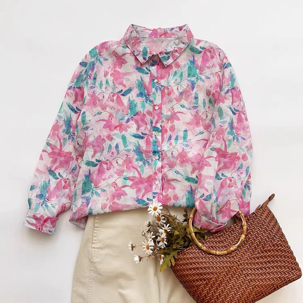 Ramie Printed Shirt Long Sleeve Women