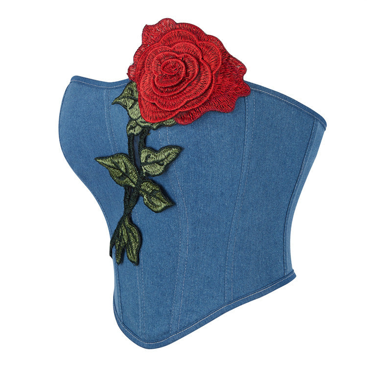Blue Denim Rose Women Tube Top Corset Court Shapewear 69A630