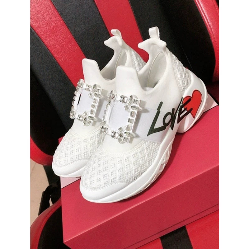 Rhinestone buckle mesh casual sneakers
