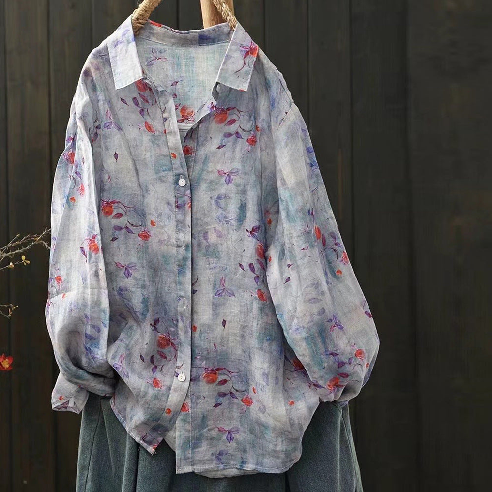 Ramie Printed Shirt Long Sleeve Women