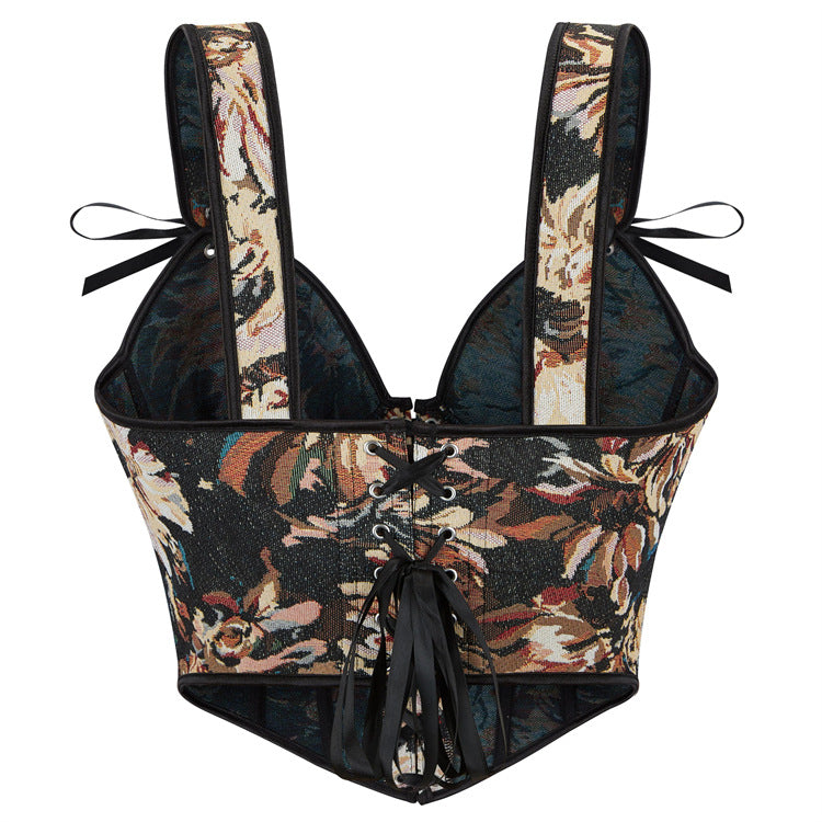 Oil Painting Style Body Sculpting Fish Bone Suspender Top 69A704