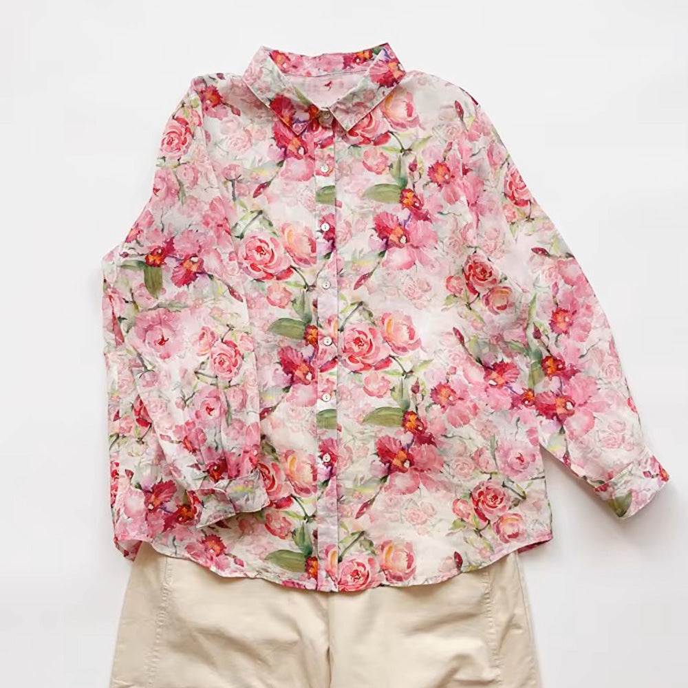 Ramie Printed Shirt Long Sleeve Women
