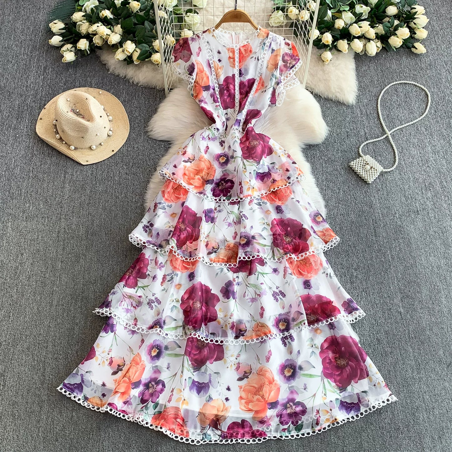 Lace-trimmed, Printed, Round-neck Dress SA758