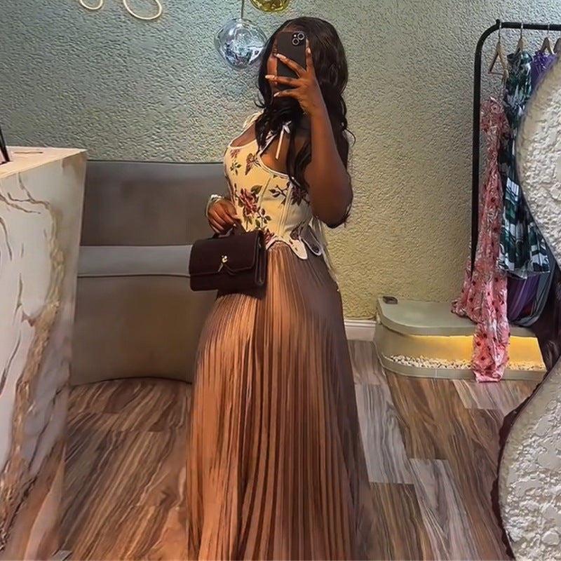 Printed Waist Vest High Waist Pleated Skirt Two-piece Set 69A917