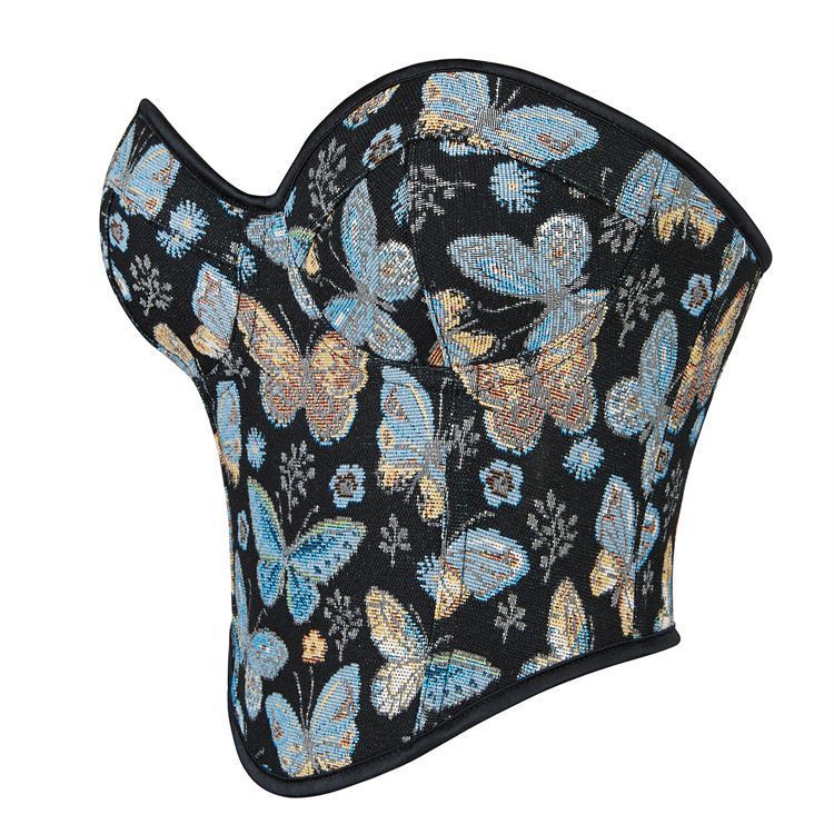 Blue Butterfly Corset Tube Top Gathering Court Fishbone Body Sculpting Sexy Top 69A631