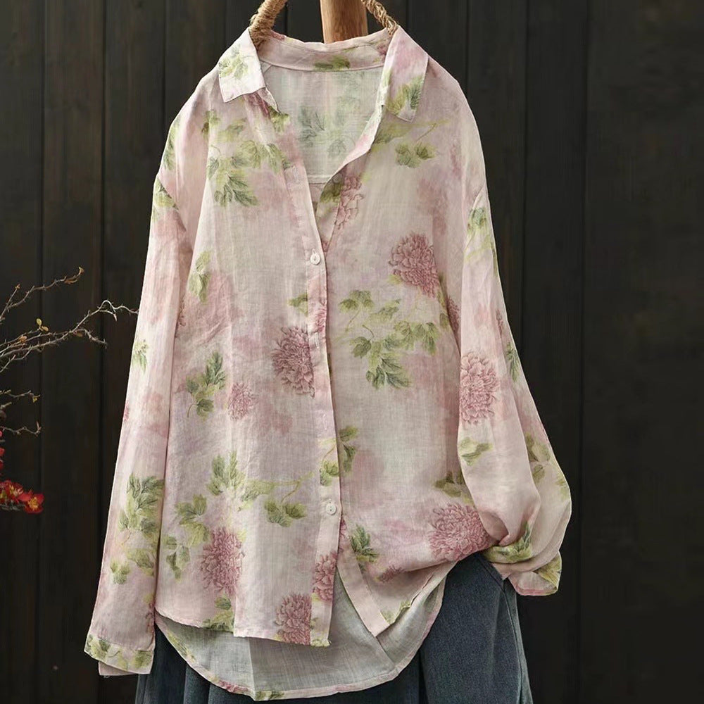 Ramie Printed Shirt Long Sleeve Women