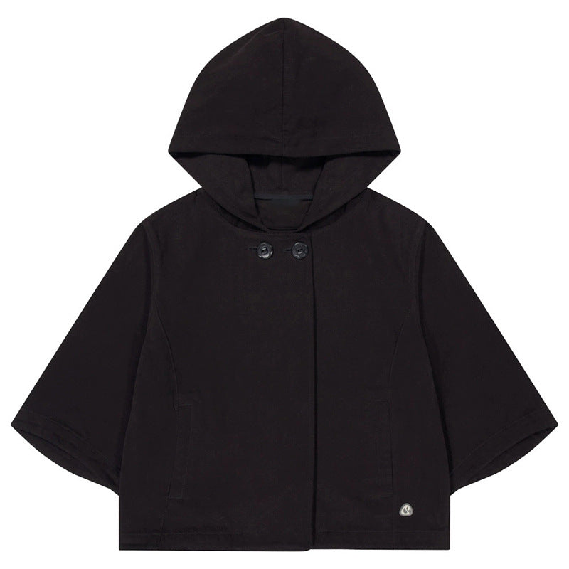 Small Flower Button Hooded Bat Sleeve Cloak Jacket Female 73C103
