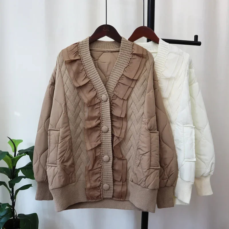 Patchwork Lace 2024 Woman Cardigan V-neck Long Sleeve Ropa Mujer Single Breasted Outerwears Autumn Winter Sweater Cardigans