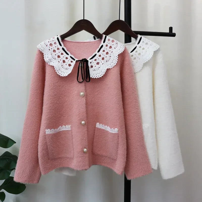Patchwork Lace2024 Woman Cardigan Sweet Peter Pan Collar Ropa Mujer Autumn Winter Outerwears Singel Breasted Sweater Cardigans