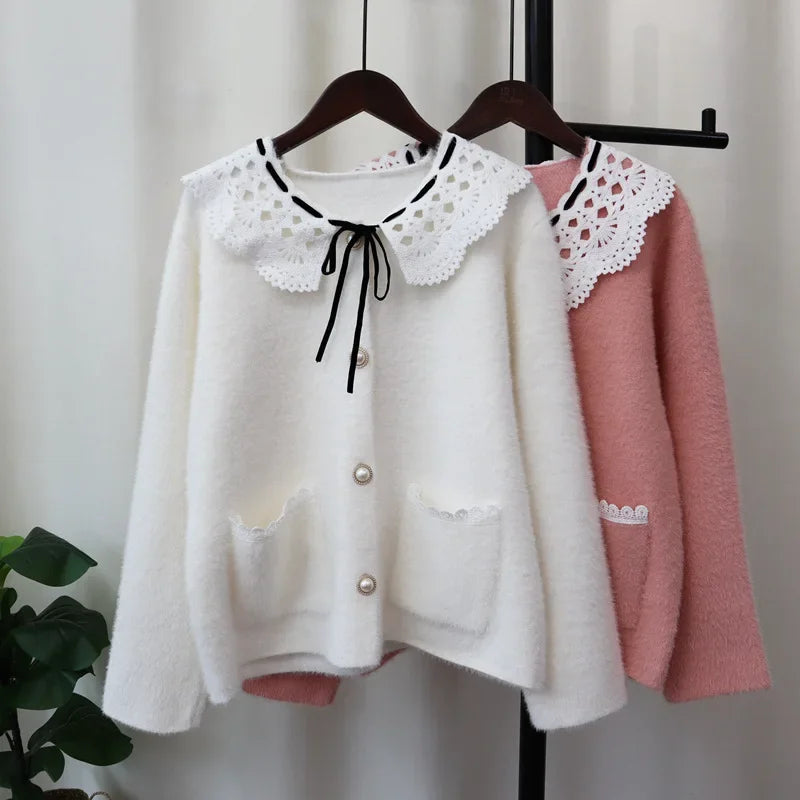 Patchwork Lace2024 Woman Cardigan Sweet Peter Pan Collar Ropa Mujer Autumn Winter Outerwears Singel Breasted Sweater Cardigans