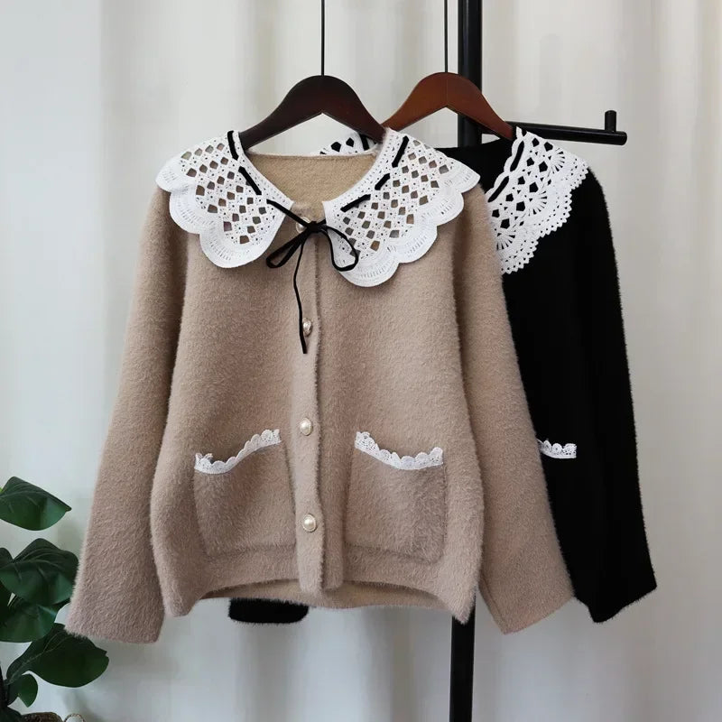 Patchwork Lace2024 Woman Cardigan Sweet Peter Pan Collar Ropa Mujer Autumn Winter Outerwears Singel Breasted Sweater Cardigans