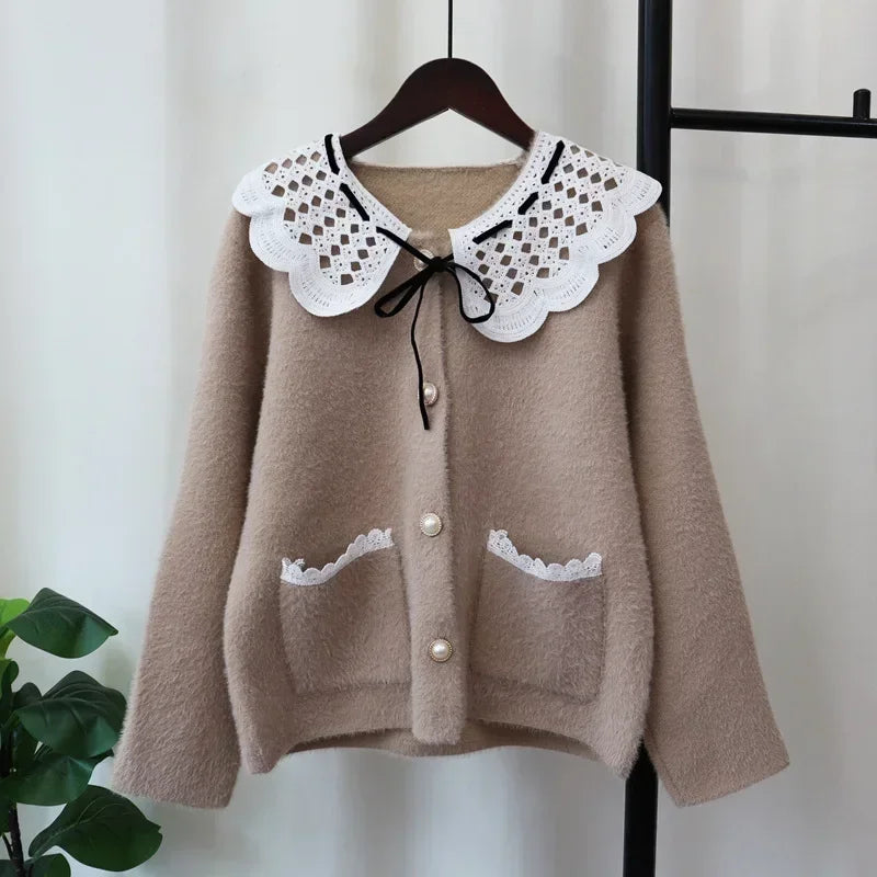 Patchwork Lace2024 Woman Cardigan Sweet Peter Pan Collar Ropa Mujer Autumn Winter Outerwears Singel Breasted Sweater Cardigans