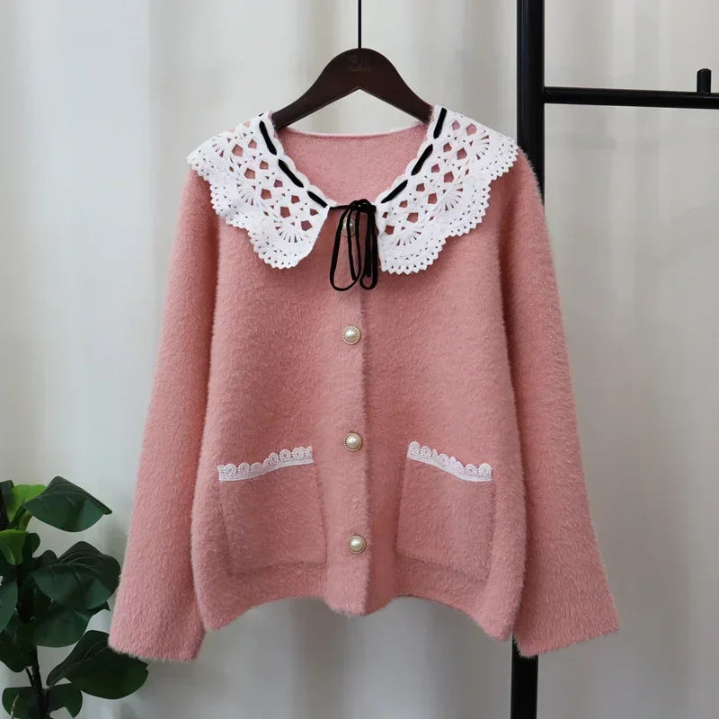 Patchwork Lace2024 Woman Cardigan Sweet Peter Pan Collar Ropa Mujer Autumn Winter Outerwears Singel Breasted Sweater Cardigans