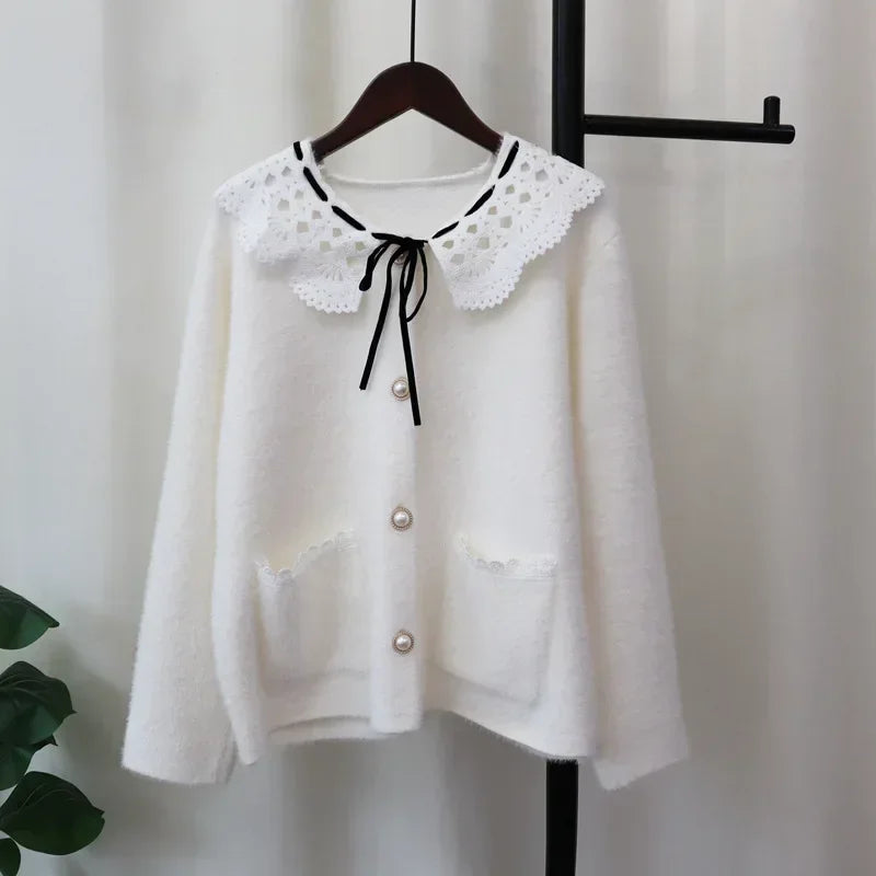 Patchwork Lace2024 Woman Cardigan Sweet Peter Pan Collar Ropa Mujer Autumn Winter Outerwears Singel Breasted Sweater Cardigans
