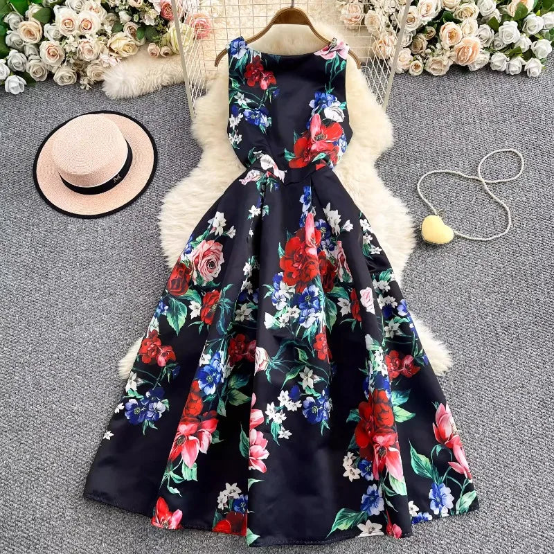 Summer Chic Sleeveless Party Dress Rose Floral Print Pleated Gown Ball Big Swing Robe French Style Elegant Vestidos Mujer
