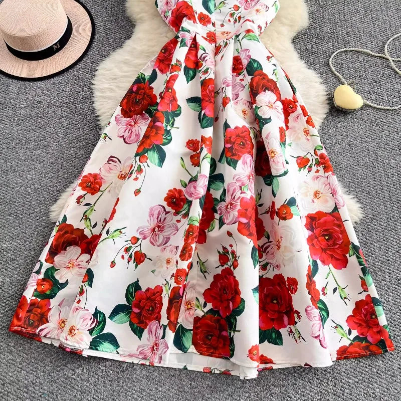 Summer Chic Sleeveless Party Dress Rose Floral Print Pleated Gown Ball Big Swing Robe French Style Elegant Vestidos Mujer