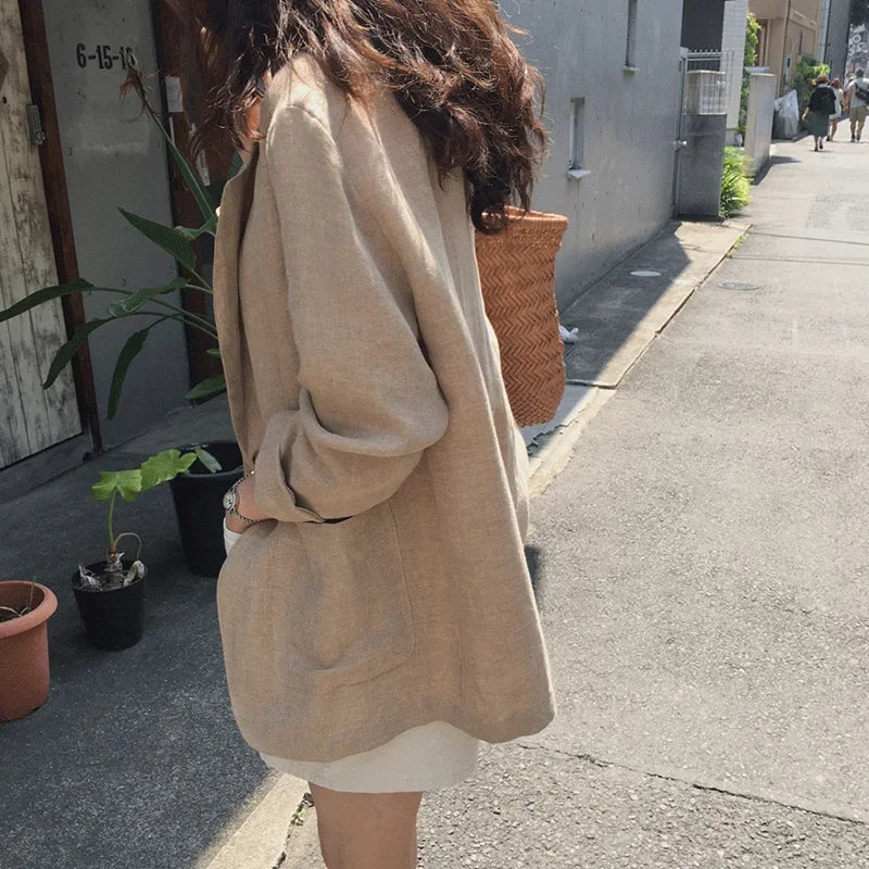 Korean Retro Cotton Linen Solid Blazer SA267
