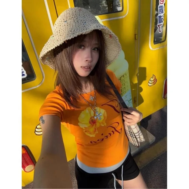 American Summer Popular Orange Color All Match T Shirts