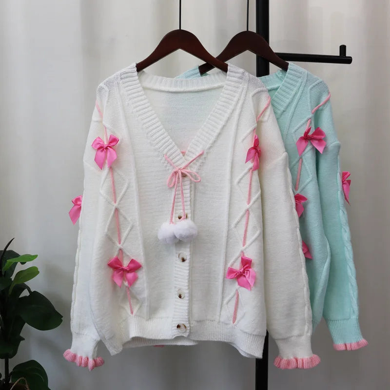 Sweet Bow 2024 Woman Cardigan Loose Lazy Style Ropa Mujer Autumn New Outerwears V-neck Single Breasted Sweater Cardigans