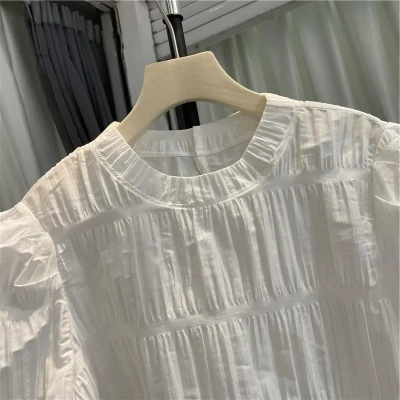 Vintage Sweet O-neck Ruched Shirts Women SA340