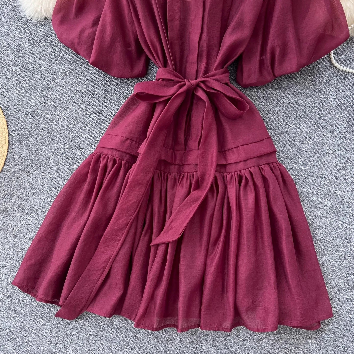 Chic Organza Bandage Lace Up Belt Summer Holiday Oversized Loose Dresses Women Shirt Collar Puff Sleeve Loose Party Vestidos