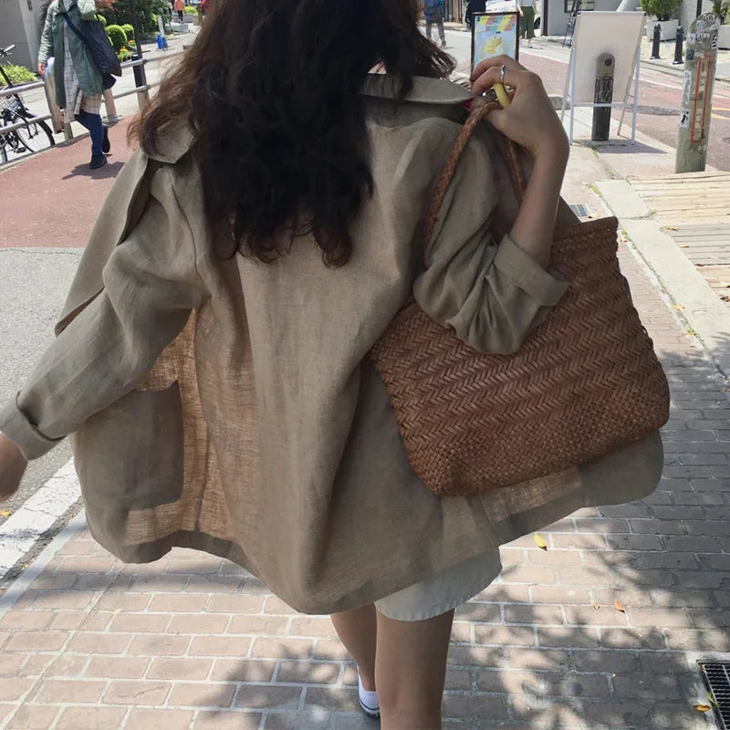 Korean Retro Cotton Linen Solid Blazer SA267