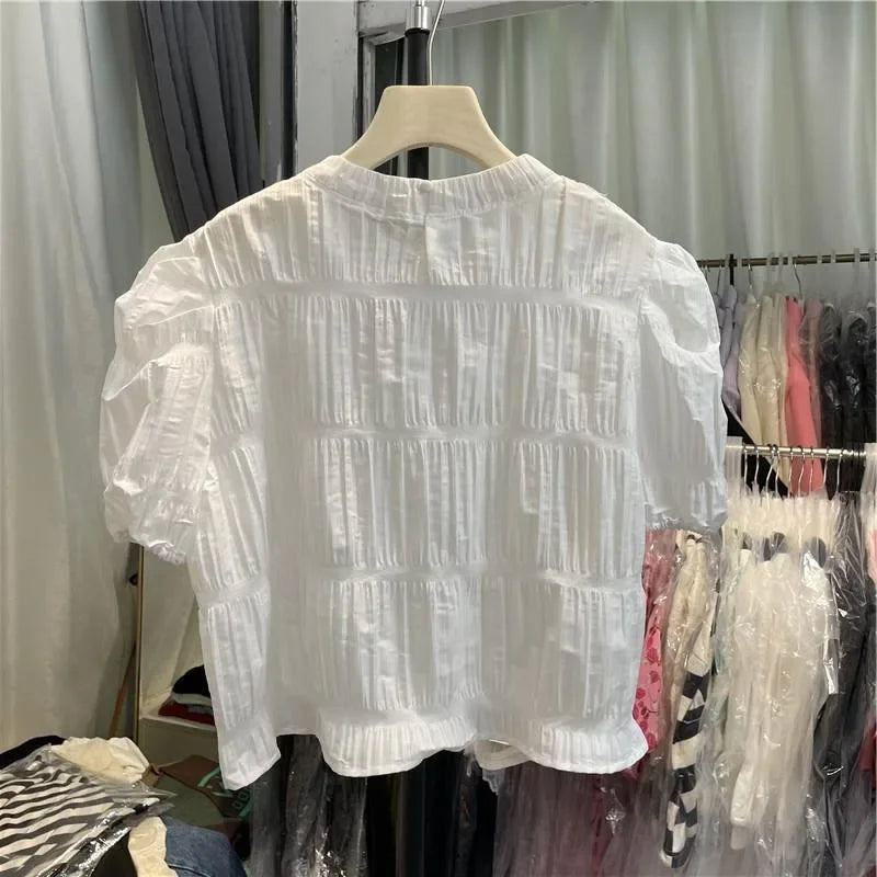 Vintage Sweet O-neck Ruched Shirts Women SA340